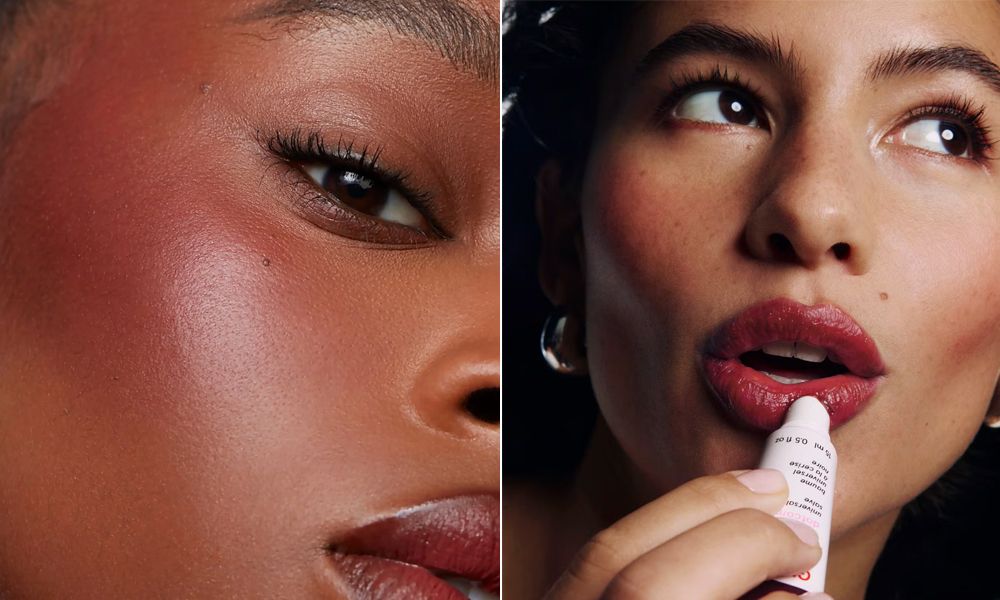 side by side images of women wearing black cherry blush and lip balm