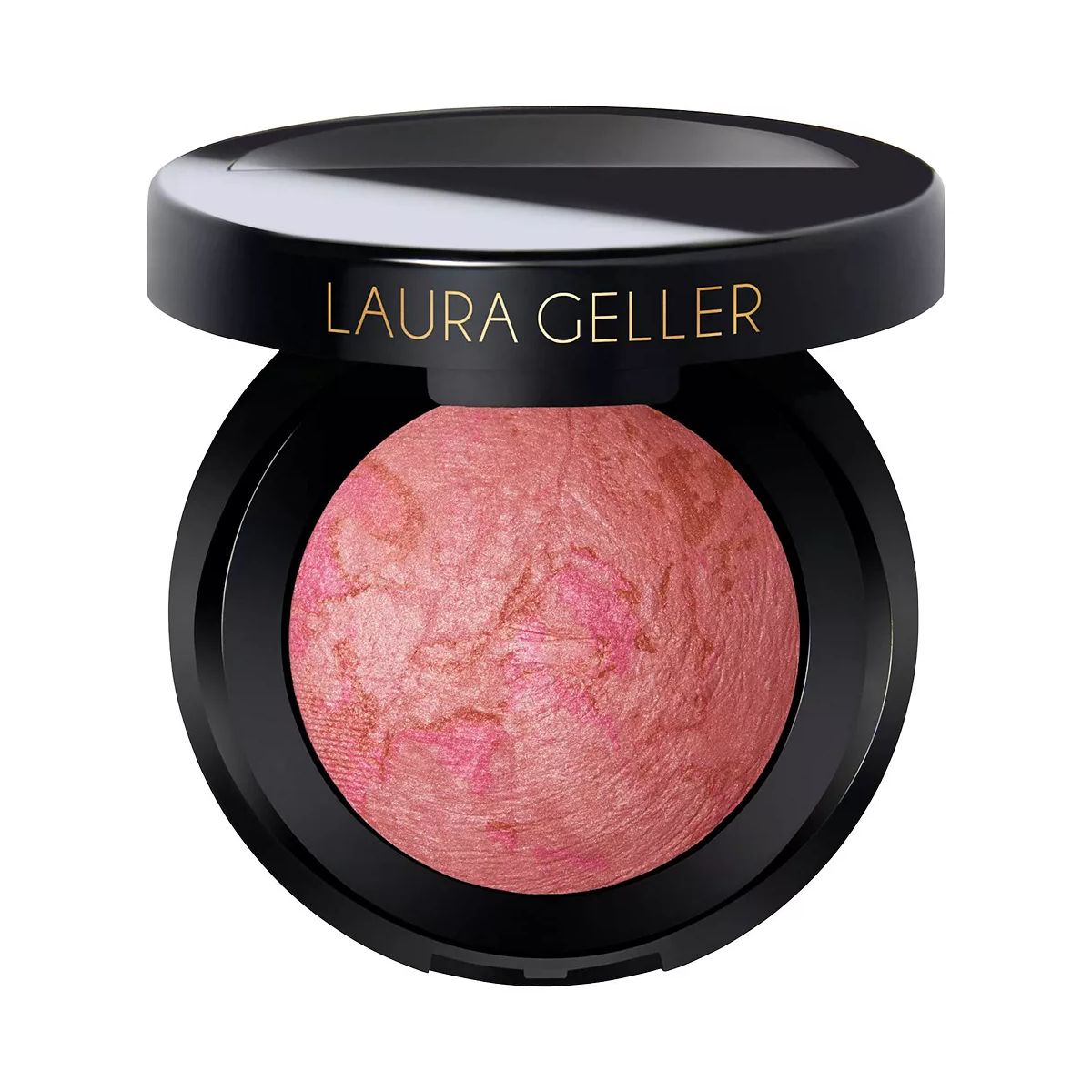 Laura Geller Baked Blush-n-Brighten Marbleized Blush in a compact, featuring swirled pink and gold pigments for a radiant, multidimensional flush.