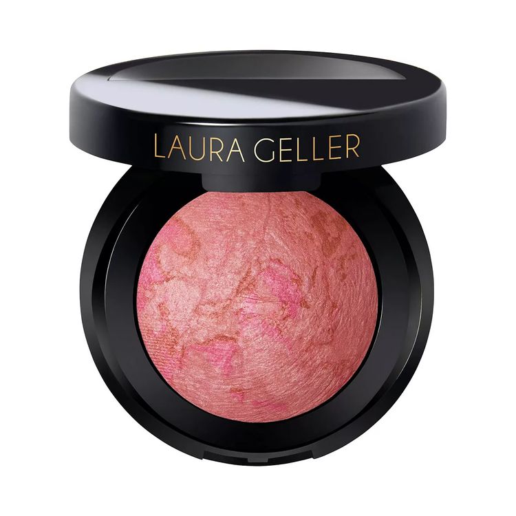 Laura Geller Baked Blush-n-Brighten Marbleized Blush in a compact, featuring swirled pink and gold pigments for a radiant, multidimensional flush.