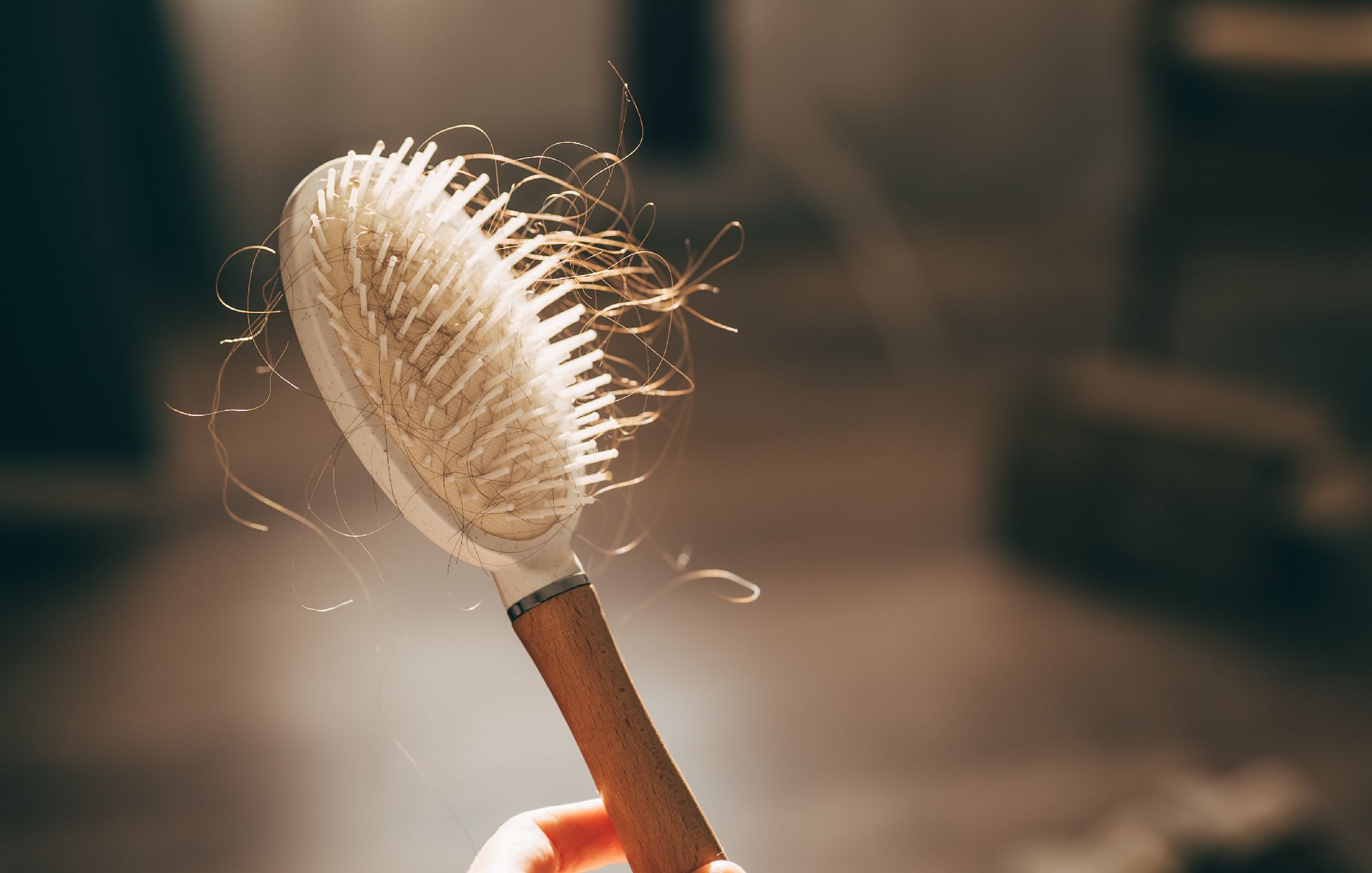 A woman holds a wooden comb in her hands, cleans it of fallen hair after combing