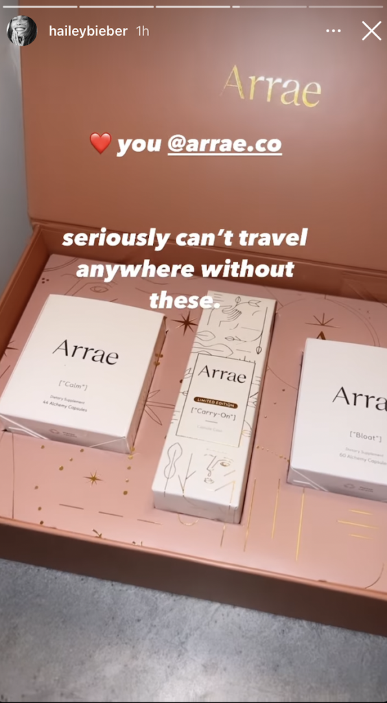 Arrae bloating supplements on Hailey Bieber's story.