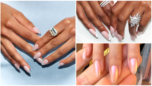 Collage of 2026 Emmy Awards nails featuring Supriya Ganesh’s milky chrome manicure, Ciara Miller’s classic French tips and Selena Gomez’s iridescent pink nails.