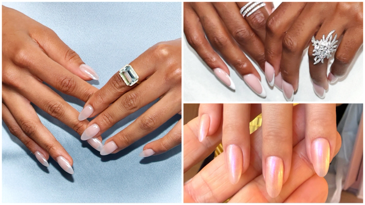 Collage of 2026 Emmy Awards nails featuring Supriya Ganesh’s milky chrome manicure, Ciara Miller’s classic French tips and Selena Gomez’s iridescent pink nails.