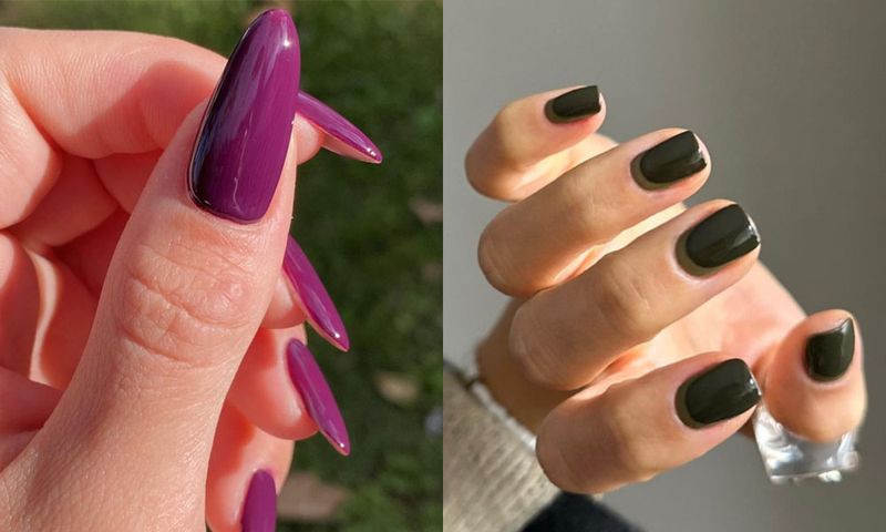 side by side images of a purple manicure and dark green manicure