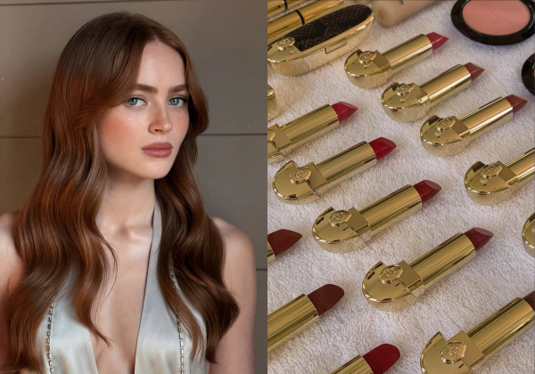 Sadie Sink's coral Guerlain Rouge G lip beside a lineup of Rouge G lipsticks, including the new snake-print Le Python case.