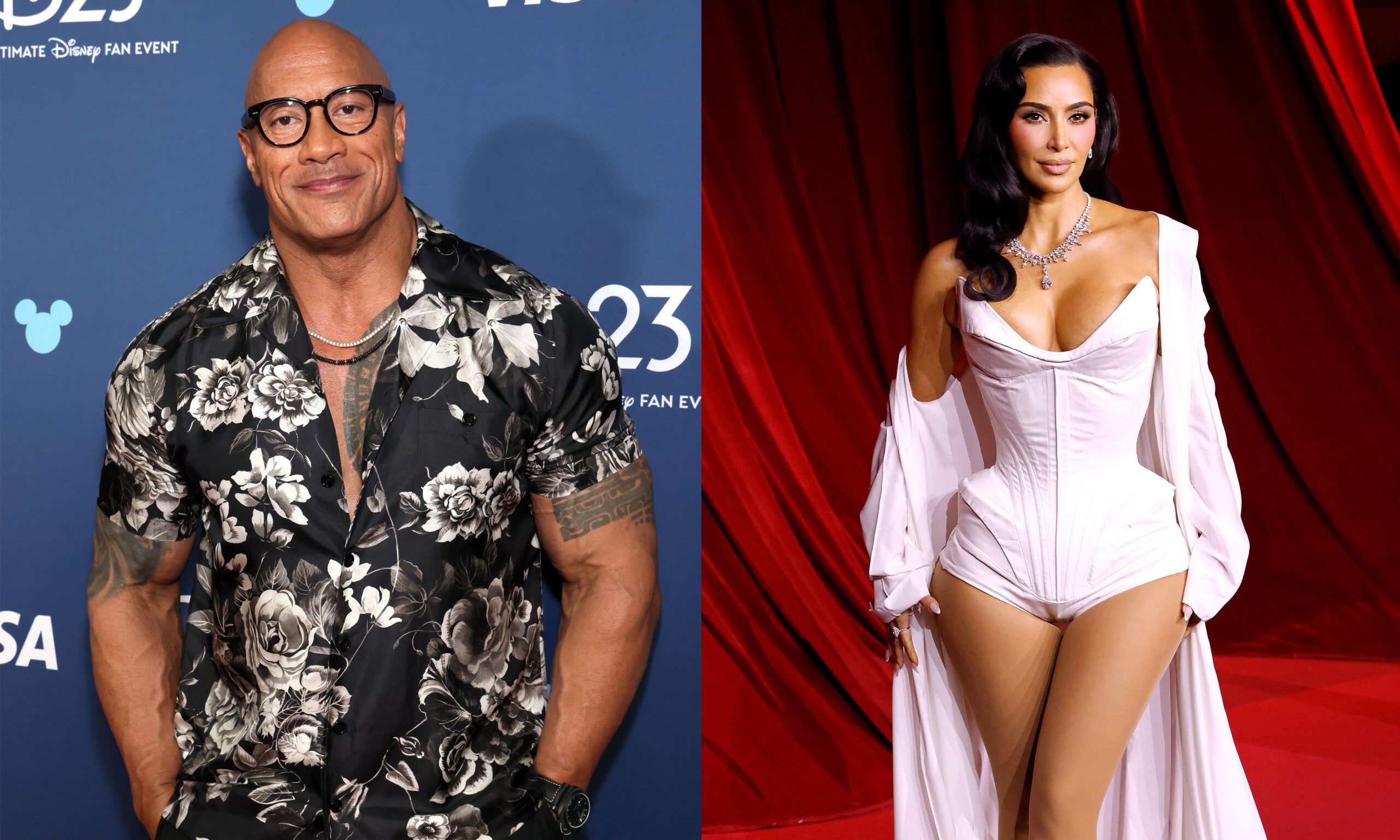 side by side images of Dwayne Johnson and Kim Kardashian