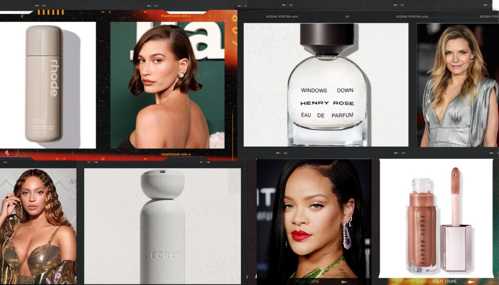 collage of celebrities and their beauty brand products