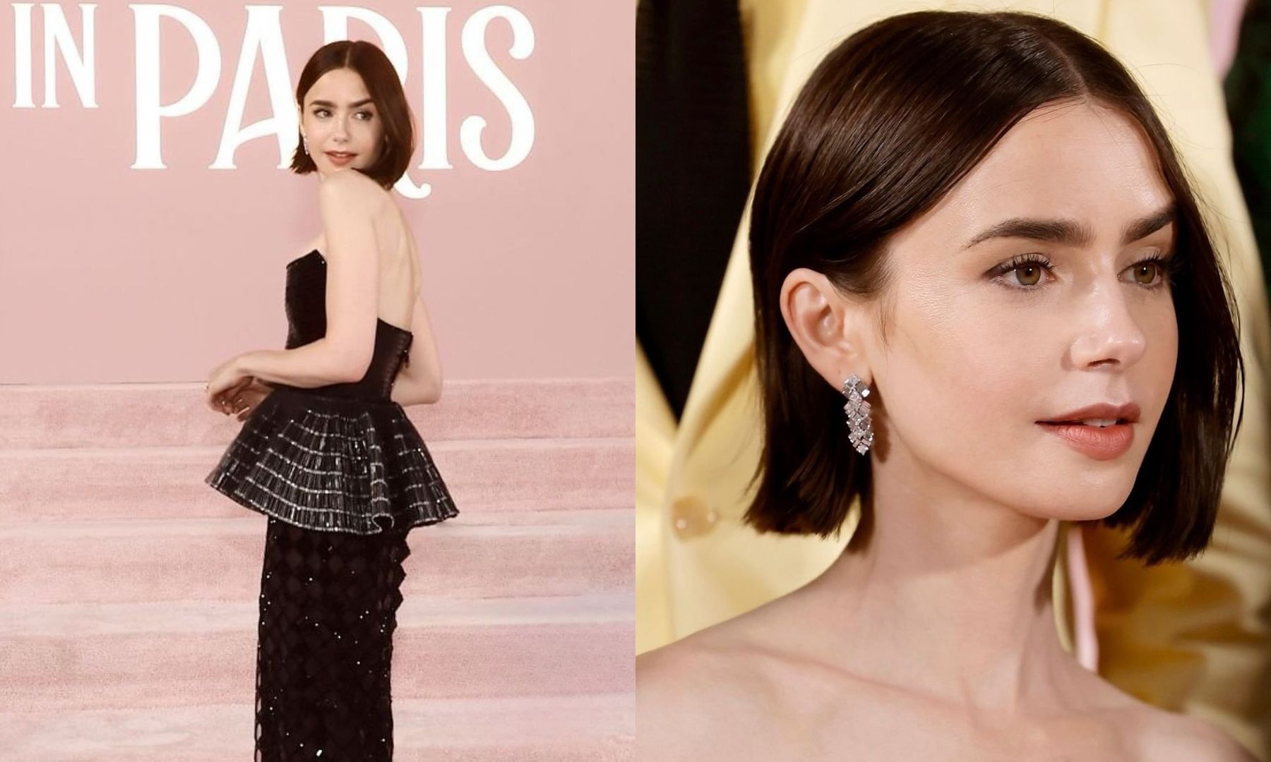 side by side images of Lily Collins at the Emily in Paris season 4 premiere