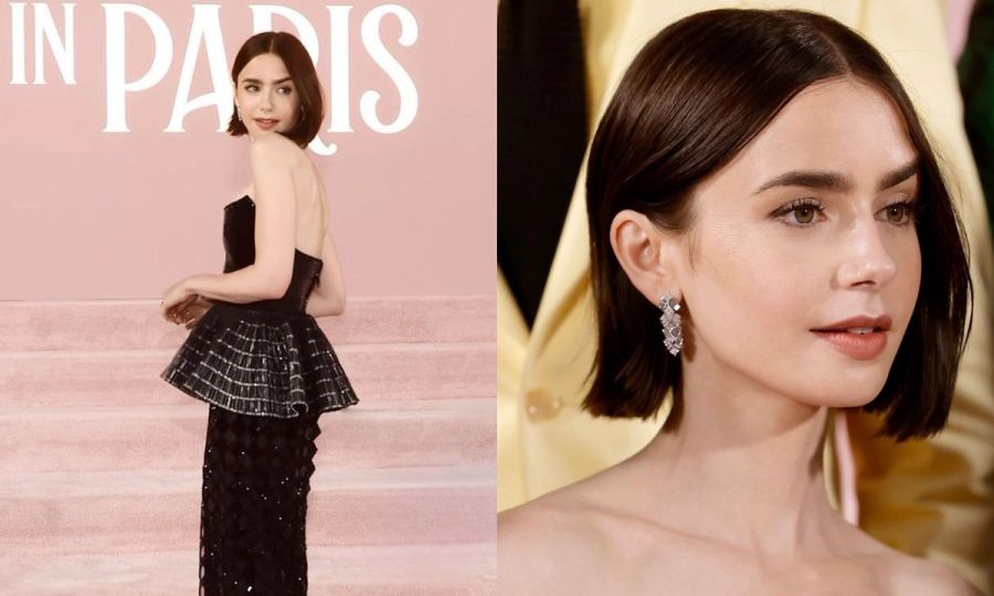 side by side images of Lily Collins at the Emily in Paris season 4 premiere