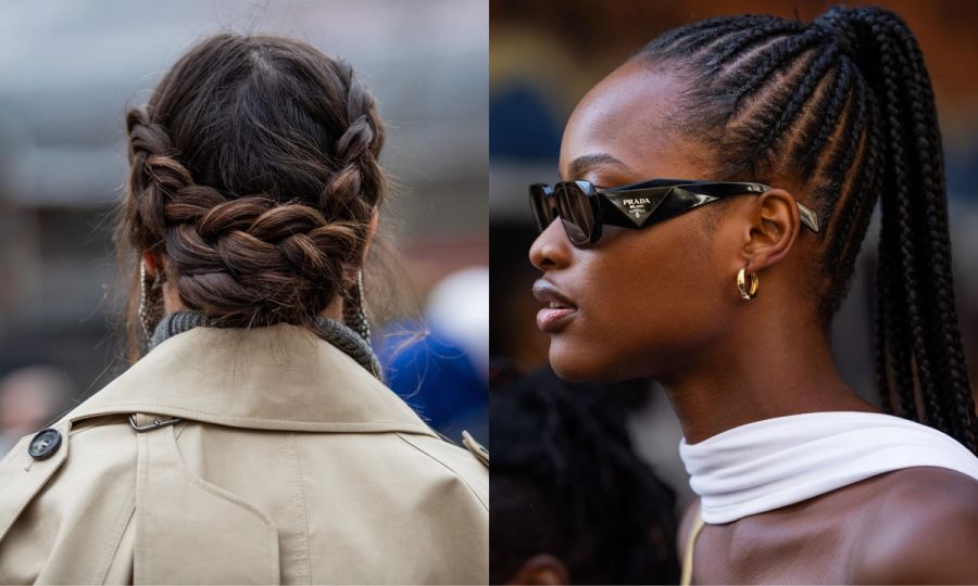 side-by-side photo of woman with braided bun and a cornrow braid high ponytail