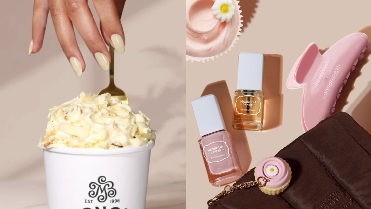 Hand with sheer yellow polish dips into Magnolia Bakery banana pudding, alongside two Magnolia Bakery x LONDONTOWN nail polishes, a pink claw clip, and a cupcake charm pouch.