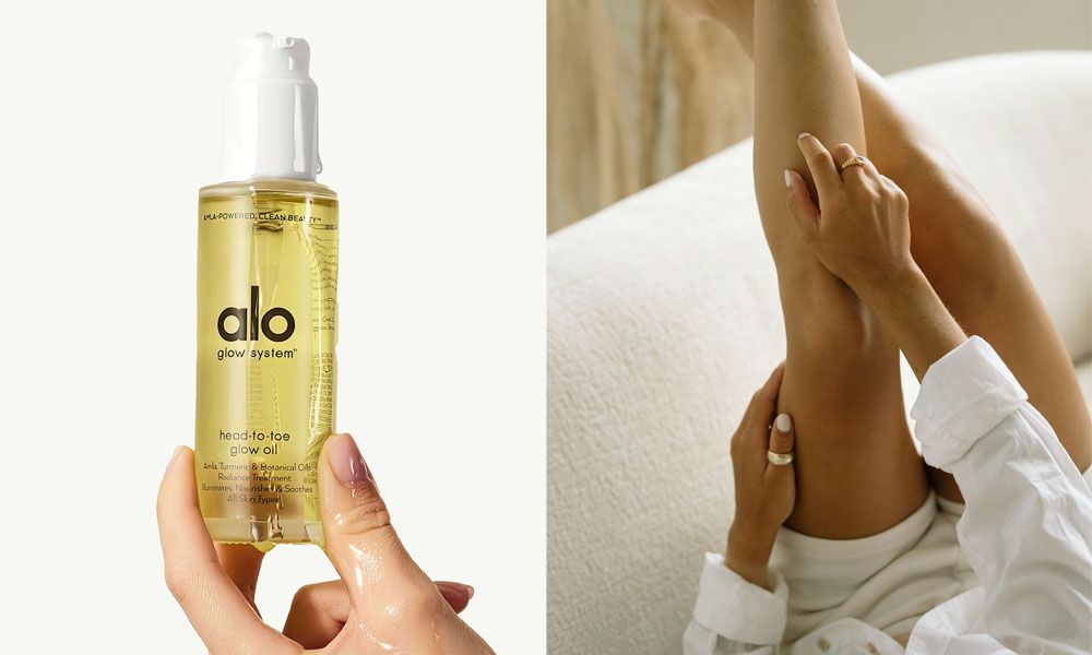 alo head to toe glow oil and photo of woman touching leg