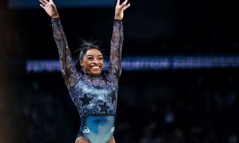Simone Biles from Team United States reacts after her exercise on the balance beam during day two of the Olympic Games Paris 2024