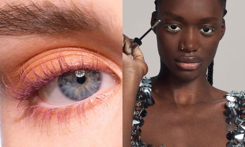 side by side images of lashes wearing metallic mascara