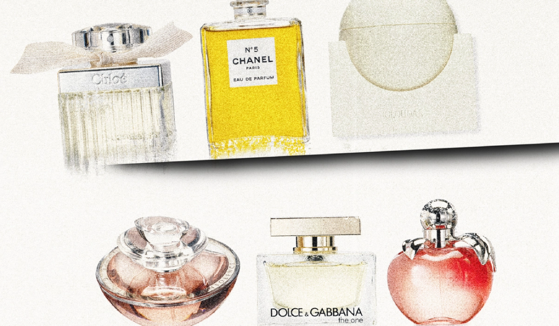 Collage of six perfume bottles, including Chloé, Chanel N°5, and Dolce & Gabbana The One, arranged in two rows on a cream background.