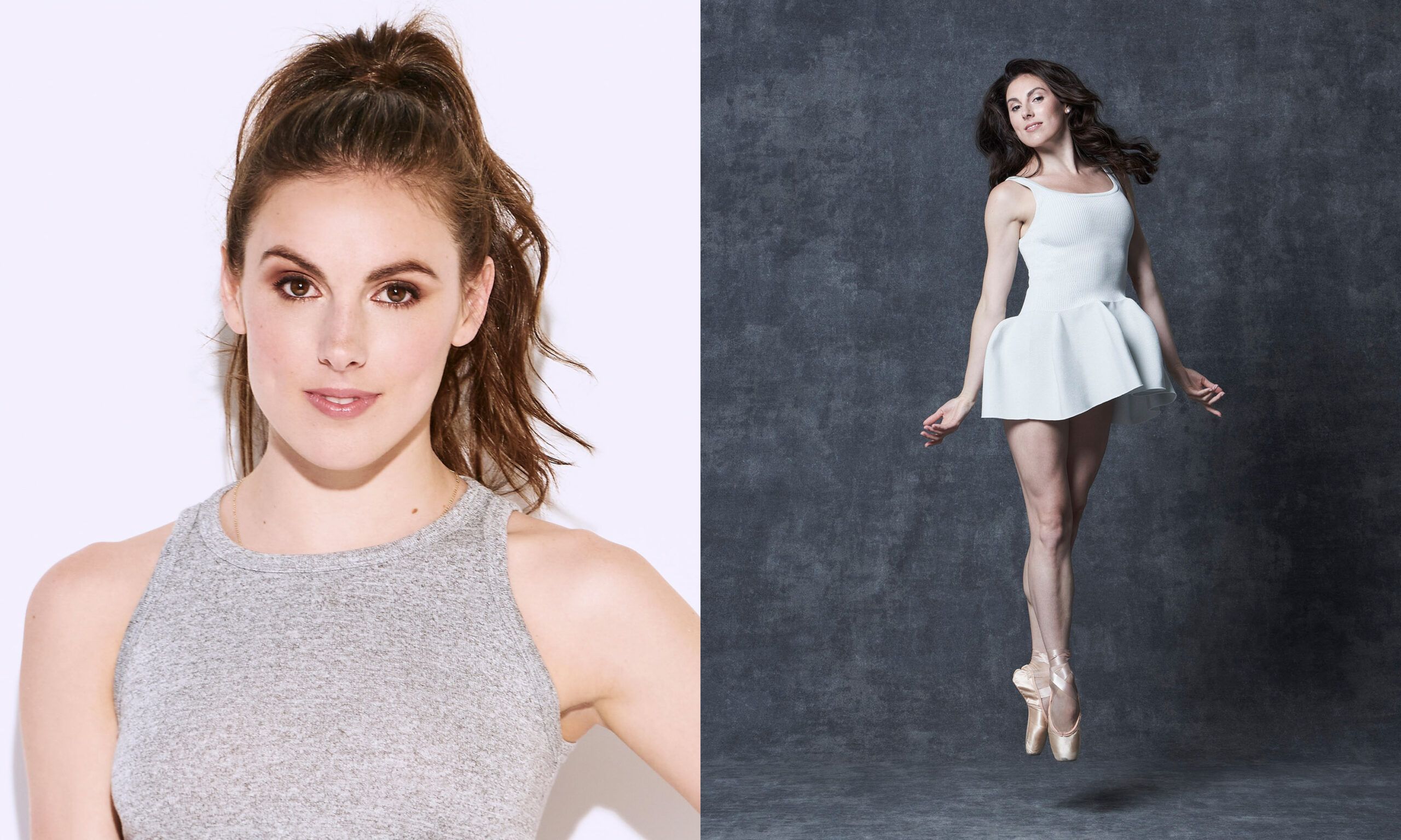 side by side image of professional ballerina Tiler Peck