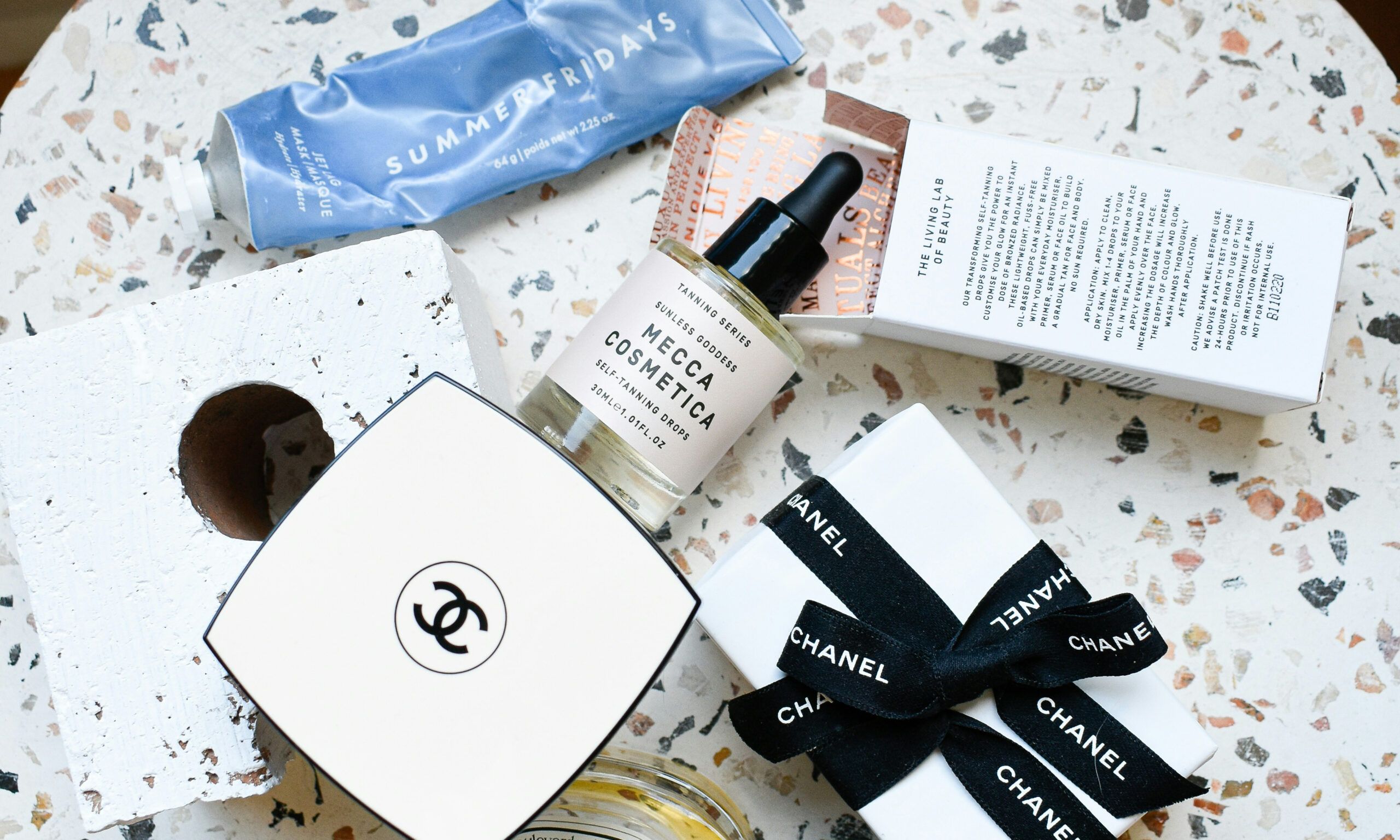 various beauty products on a vanity