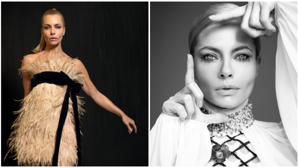 Jaime Pressly in two portraits: a feathered blush mini dress with a black velvet bow, and a black-and-white close-up with framed hands.