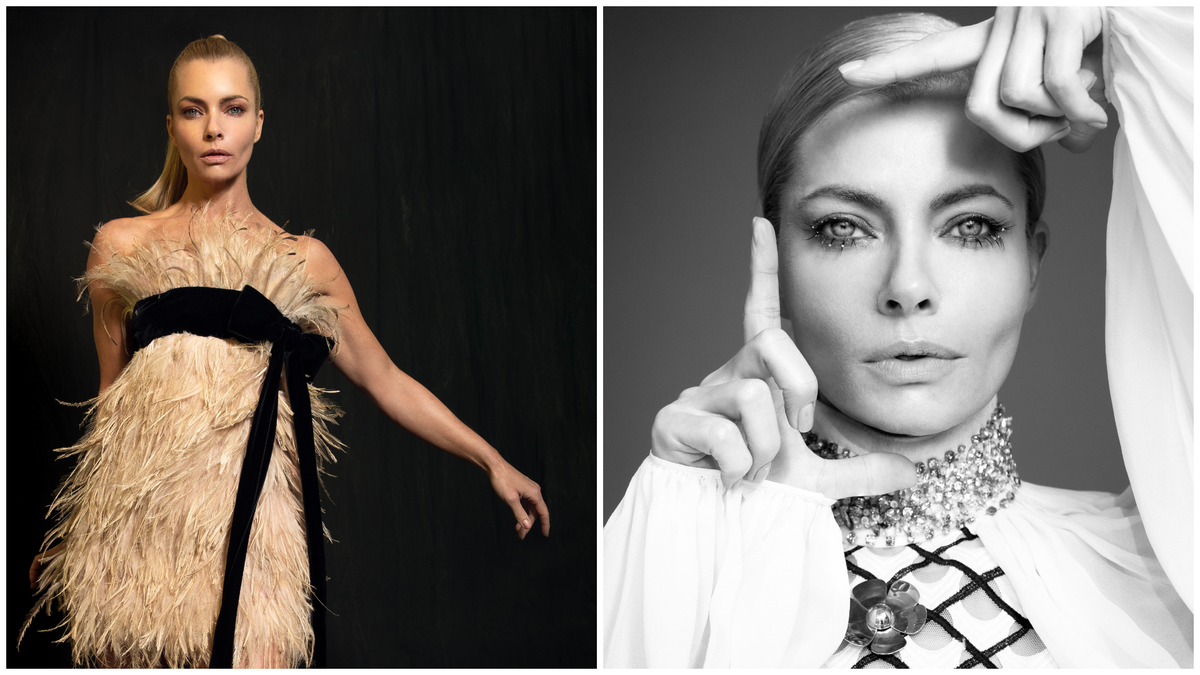 Jaime Pressly in two portraits: a feathered blush mini dress with a black velvet bow, and a black-and-white close-up with framed hands.