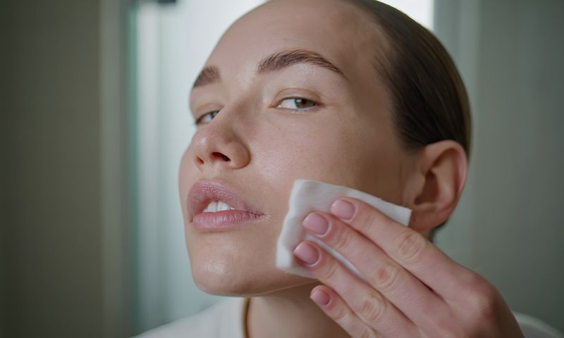 Beauty girl applying toner on ideal skin closeup. Attractive model cleansing face looking camera in home bathroom. Young pretty woman removing makeup. Luxury self-care treatment advertisement concept.