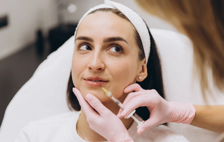 Close-up of a woman receiving a lip filler injection from a gloved provider