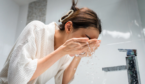 Woman in a white waffle-knit robe splashing water on her face at a bathroom sink, hair pulled back with a pearl clip, mid-cleanse with visible water droplets catching the light.