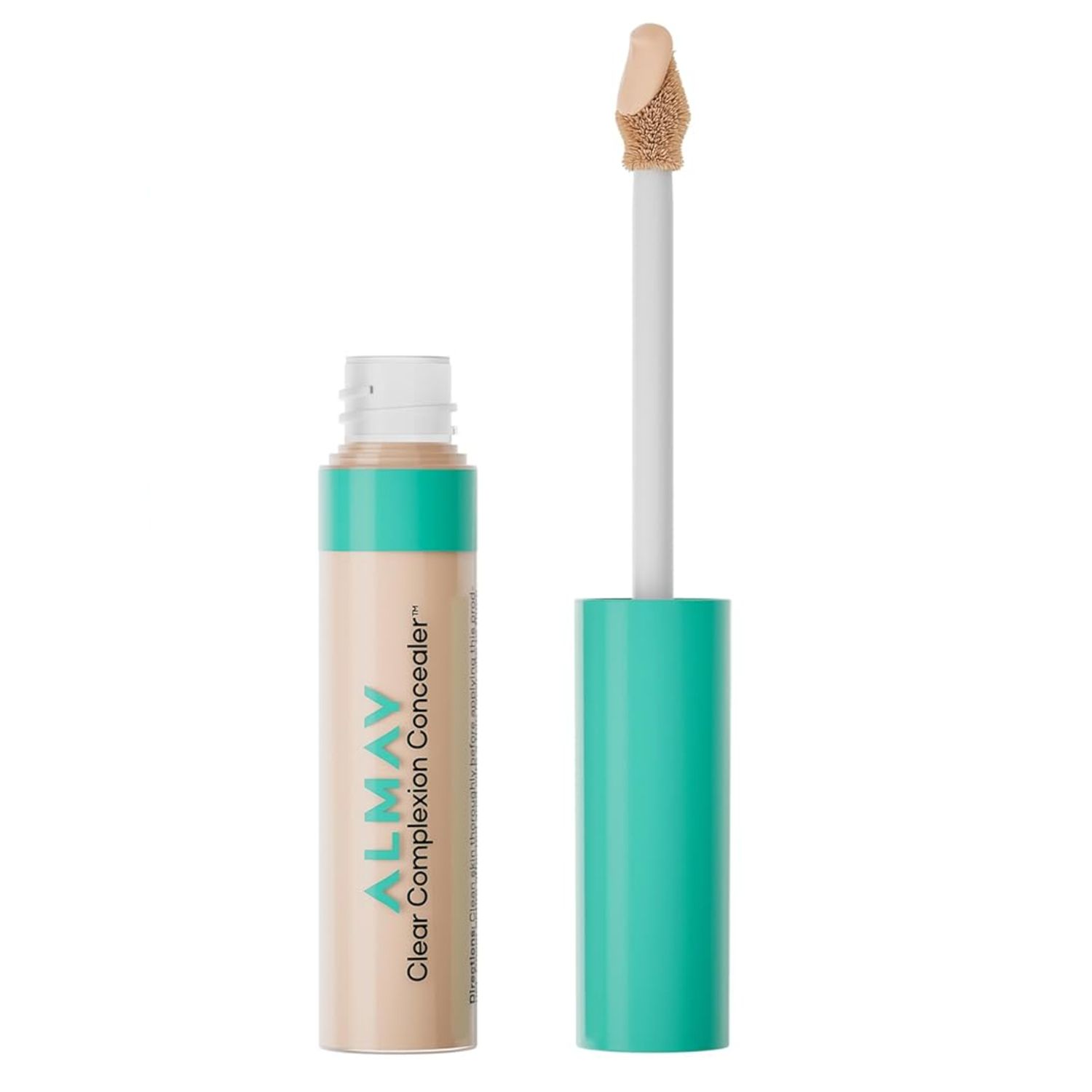 Almay Clear Complexion Concealer in a light beige shade with a teal cap and doe-foot applicator, shown on a white background.