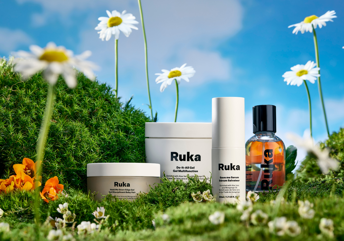 Ruka hair care products, including the Do-It-All Gel, Hold Me Down Edge Gel, Save Me Serum and hair perfume.