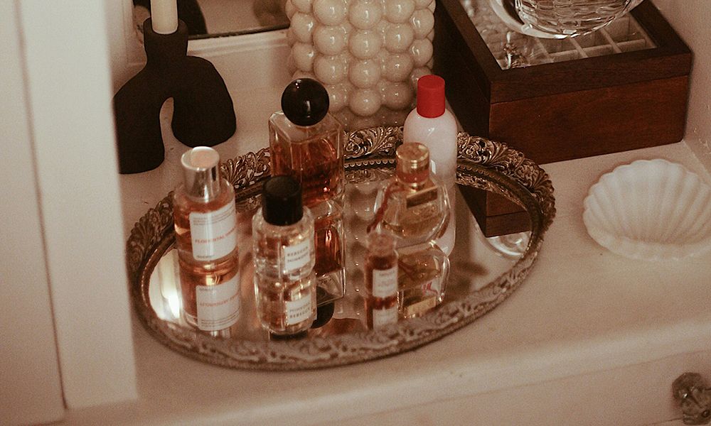 perfumes on vanity tray