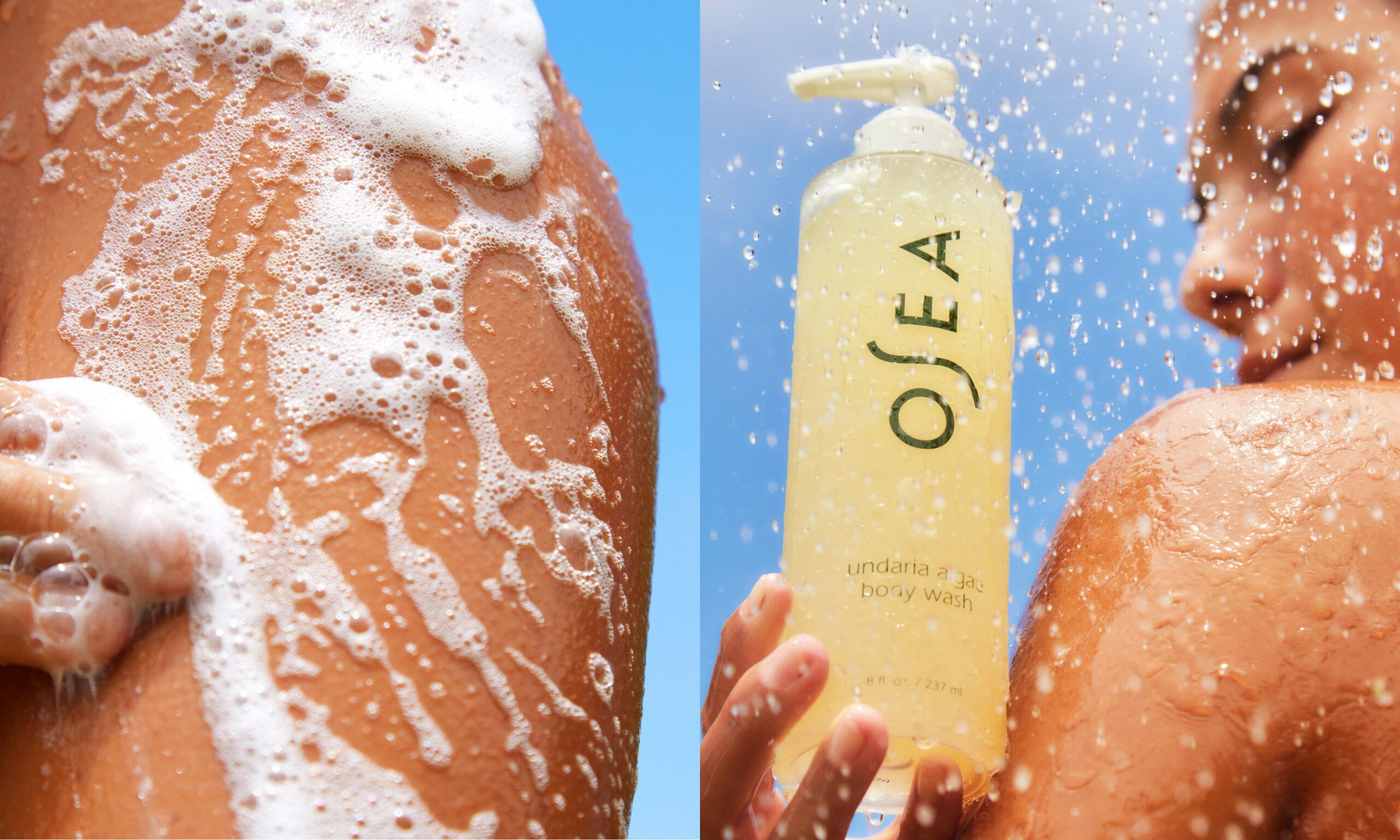 Side by side images of body wash soap suds on skin and a woman in the shower holding a bottle of OSEA body wash