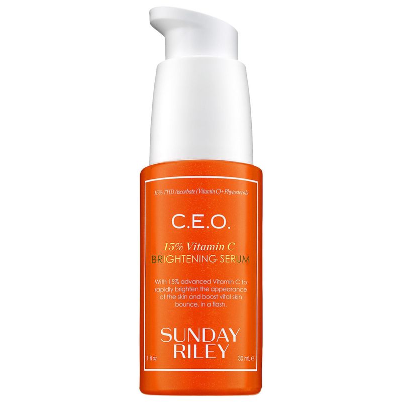 Sunday Riley Vitamin C serum on blue smear background