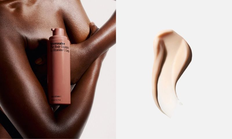 Necessaire's The Vitamin C body serum against nude skin and smear of product