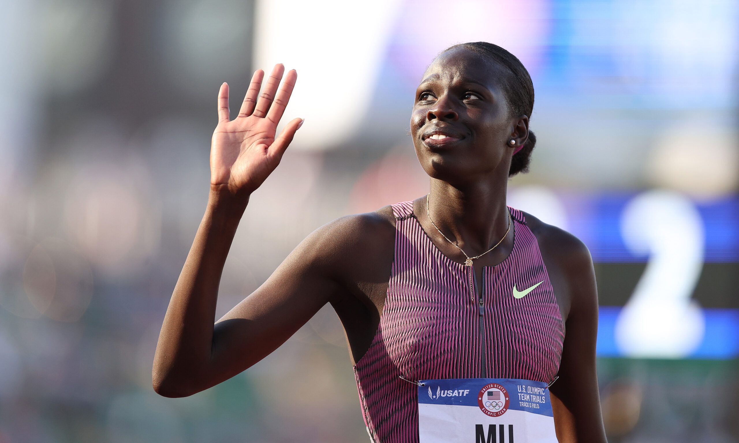 Athing Mu reacts after competing in the women's 800 meter semi-final on Day Three 2024 U.S. Olympic Team Trials Track