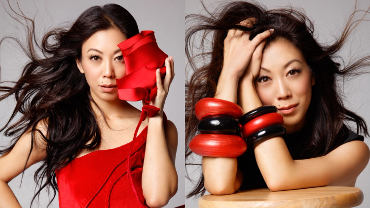 Side-by-side portraits of actress Brittany Ishibashi with windswept dark hair