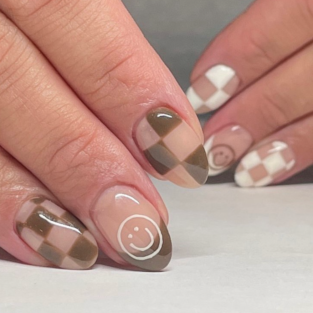 Checkered Brown French Nails