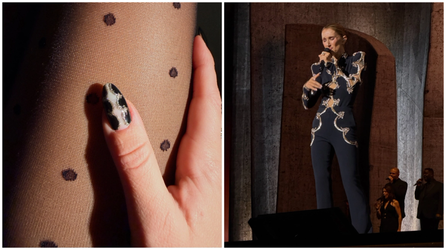 Side-by-side images of Céline Dion performing in an embellished black jumpsuit and a close-up of her manicure with wavy black and nude designs outlined in silver glitter.