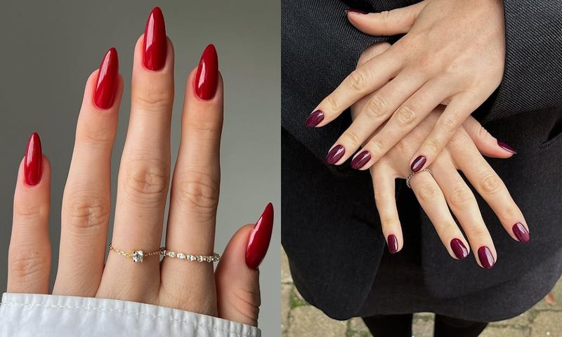 side by side images of red and plum manicures