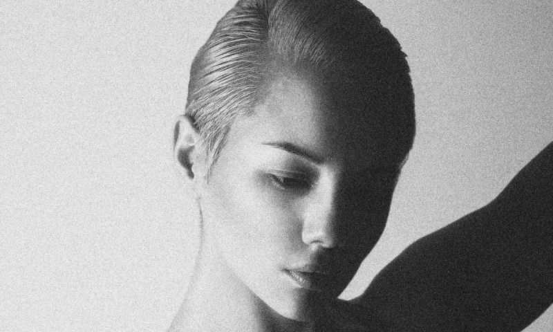 black and white image of woman with short hair