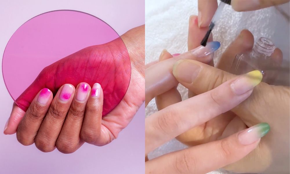 side-by-side photos of bright manicures