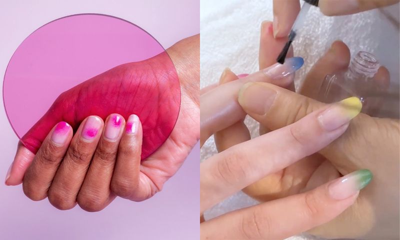 side-by-side photos of bright manicures