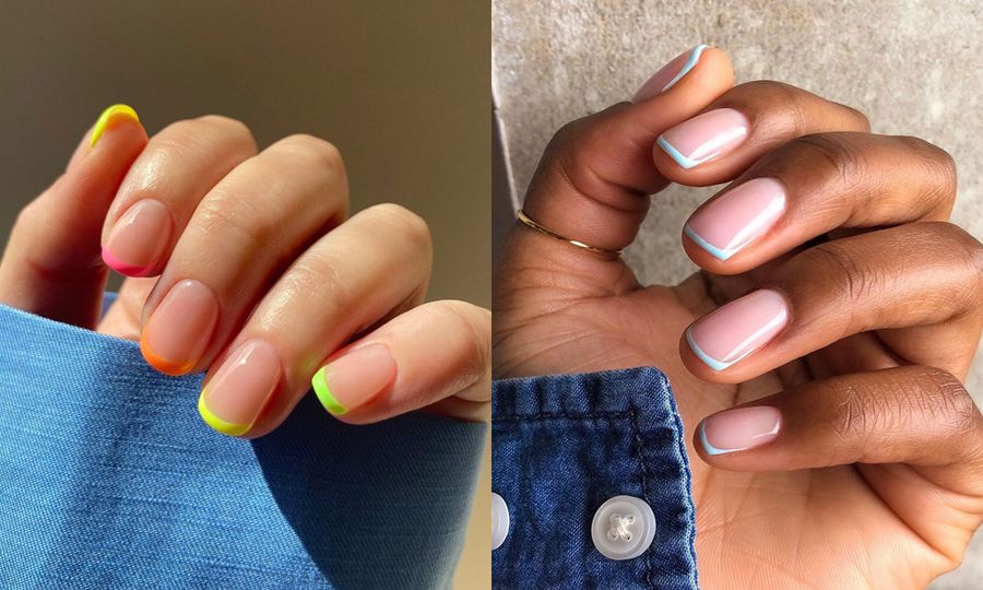 side by side images of french manicure nails with color tips