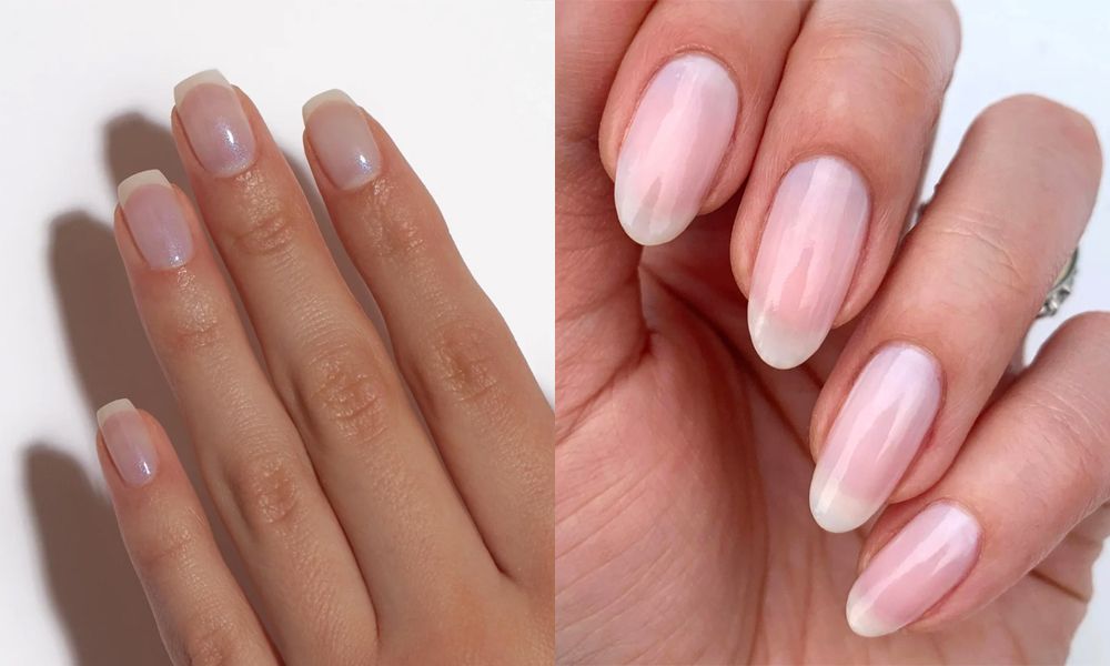side-by-side photo of hands with nude nail polish