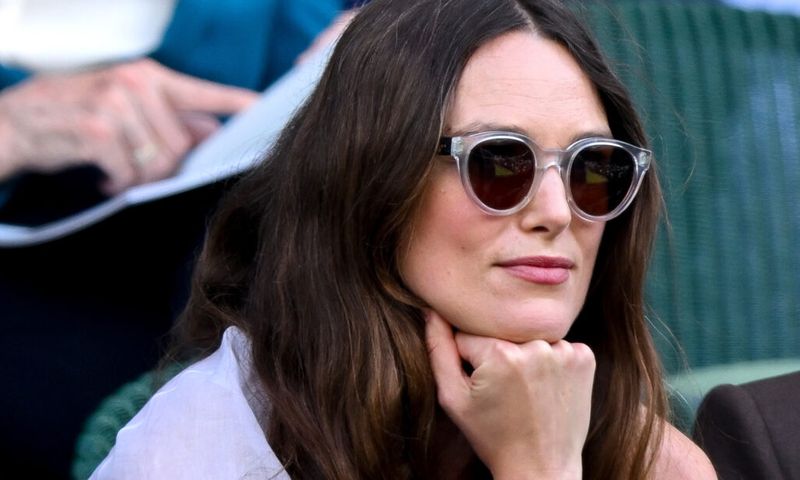 Keira Knightley attends day ten of the Wimbledon Tennis Championships at the All England Lawn Tennis and Croquet Club on July 10, 2024 in London, England.