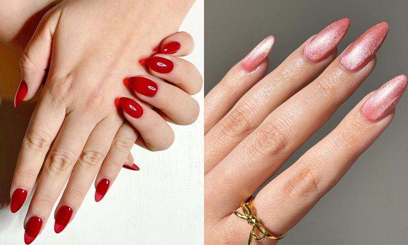 red nails and pink chrome nails