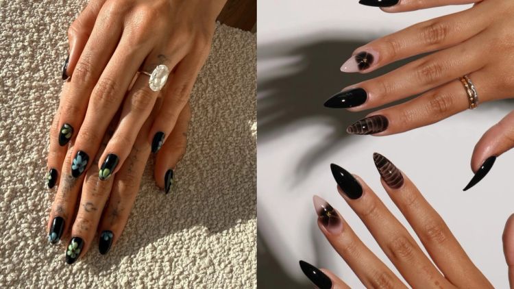 dark spring florals manicures