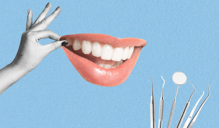 Collage on a blue background: one black-and-white hand pinches a smiling, glossy-lipped mouth with white teeth, while another holds a fan of dental tools, including a mirror and several probes.