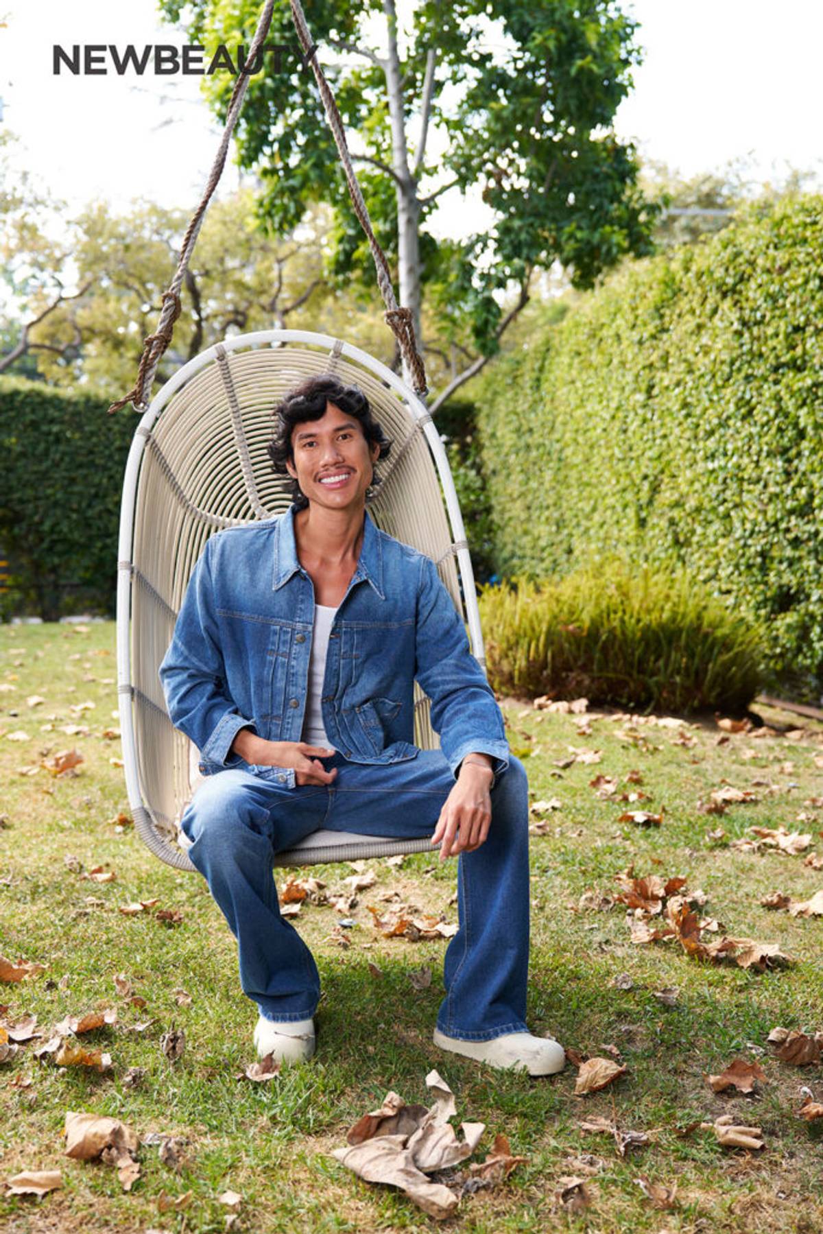 Patrick Ta outdoors in double denim outfit