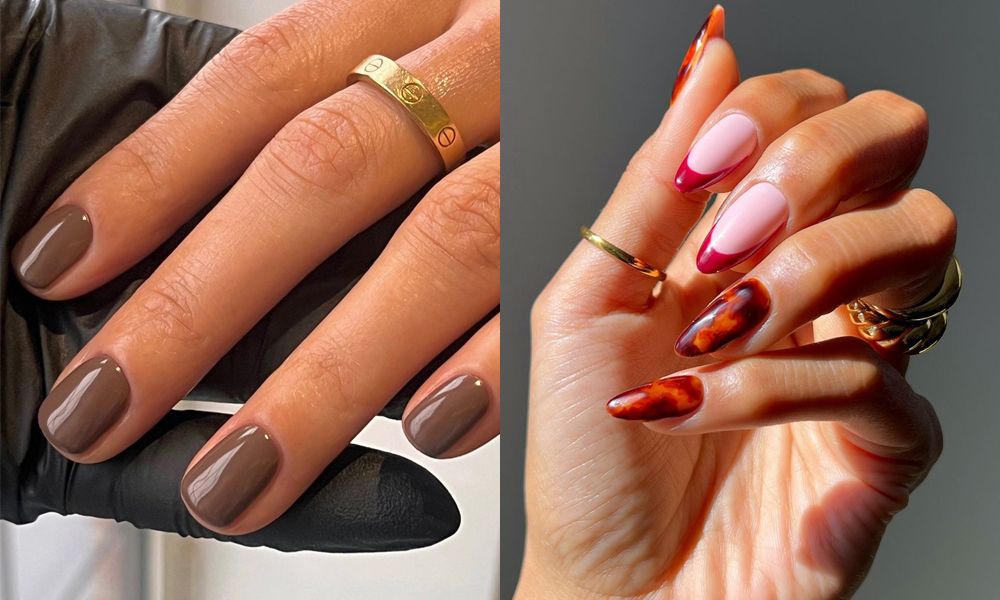 side by side images of simple fall nails manicure