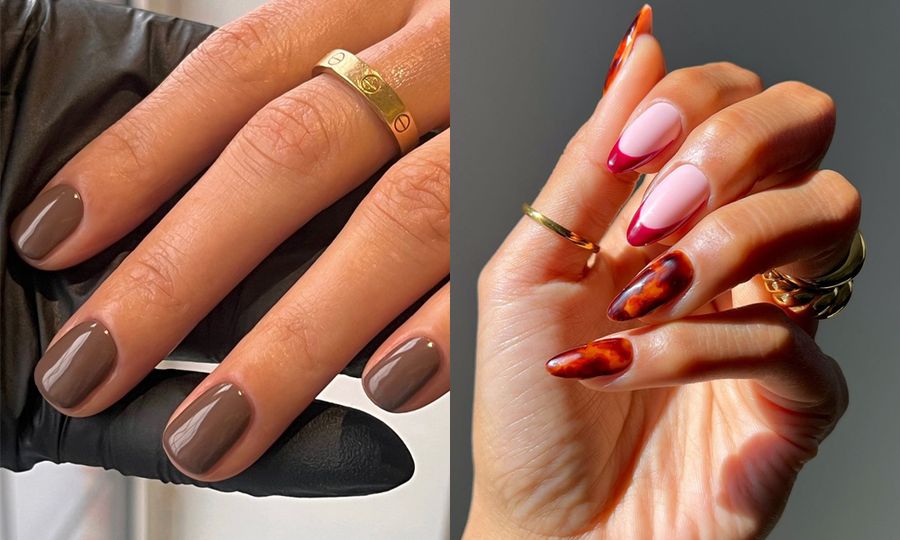 side by side images of simple fall nails manicure