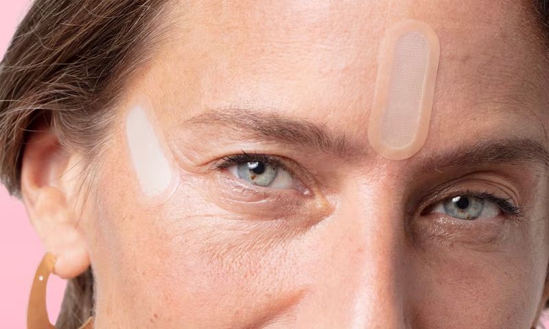 woman with Peace Out Wrinkles patches on crow's feet and forehead